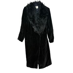 Oasis long black velvet coat faux fur collar British pockets button front US 6